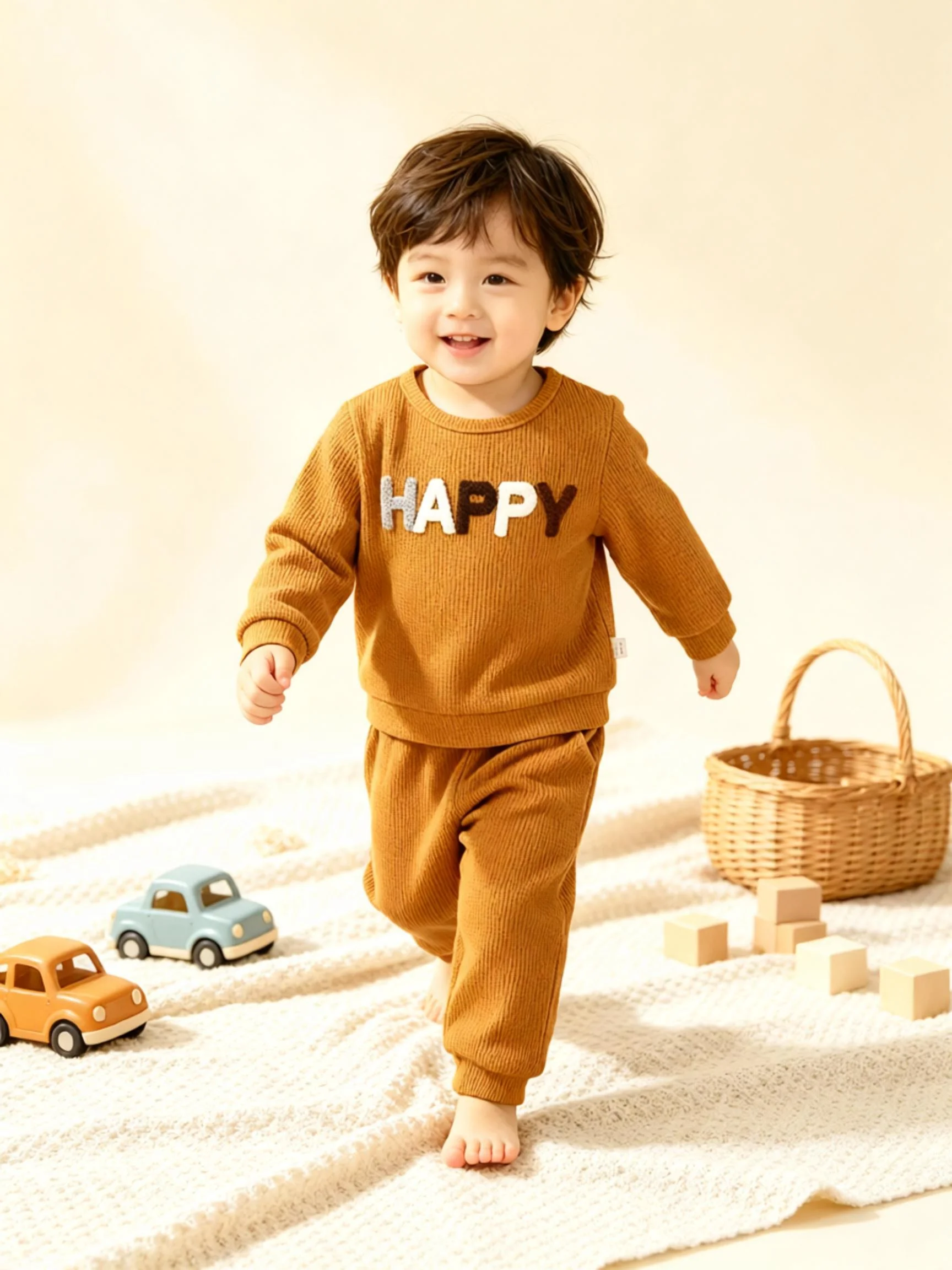 Spring Autumn Baby Boy 2-Piece Set 'HAPPY' Embroidered Casual round Neck Long-Sleeved Hoodie And Pants Outfit