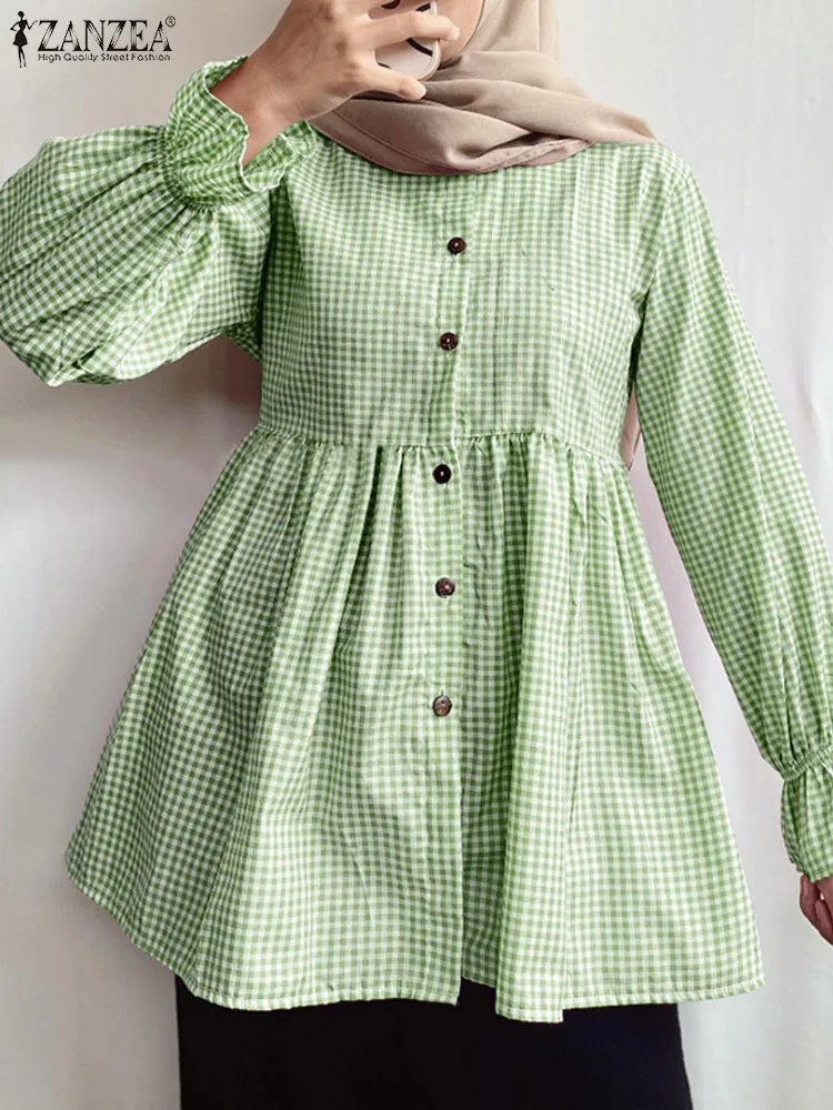 

2024 ZANZEA Women Vintage Long Sleeve Plaid Checked Blouse Fashion Muslim Tops Casual Holiday Shirt Loose Party Blusas Chemise