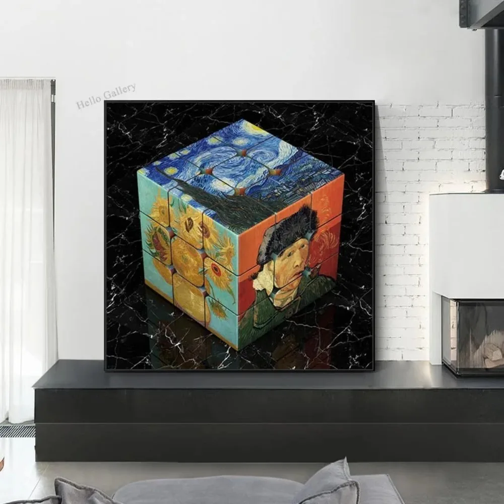 Square Cube Canvas Painting Wall Art Famous Painting Print Pictures Van Gogh Rubik\'s Cube Poster Living Room Modern Home Decor