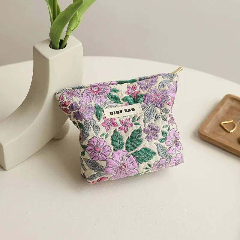 Women\'s Makeup Bag Small Vintage Purple Flower Large Capacity Cosmetic Lipstick Storage Bag Portable Coin Purse Commuter Clutch