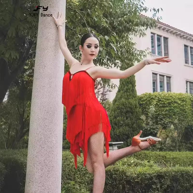 

2025 New Tassel Latin Dance Dress Sexy Stage Costume Women Prom Evening Competition Skirt Line Suit Prom Ball Sports Clothes Red