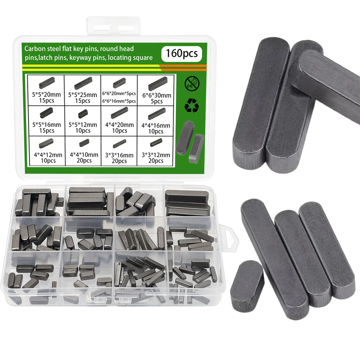 160pcs Carbon Steel Type A Flat Key, Parallel Pin, Square Pin Wheel, Gear, Sprocket Keyway Material for Mechanical Repair