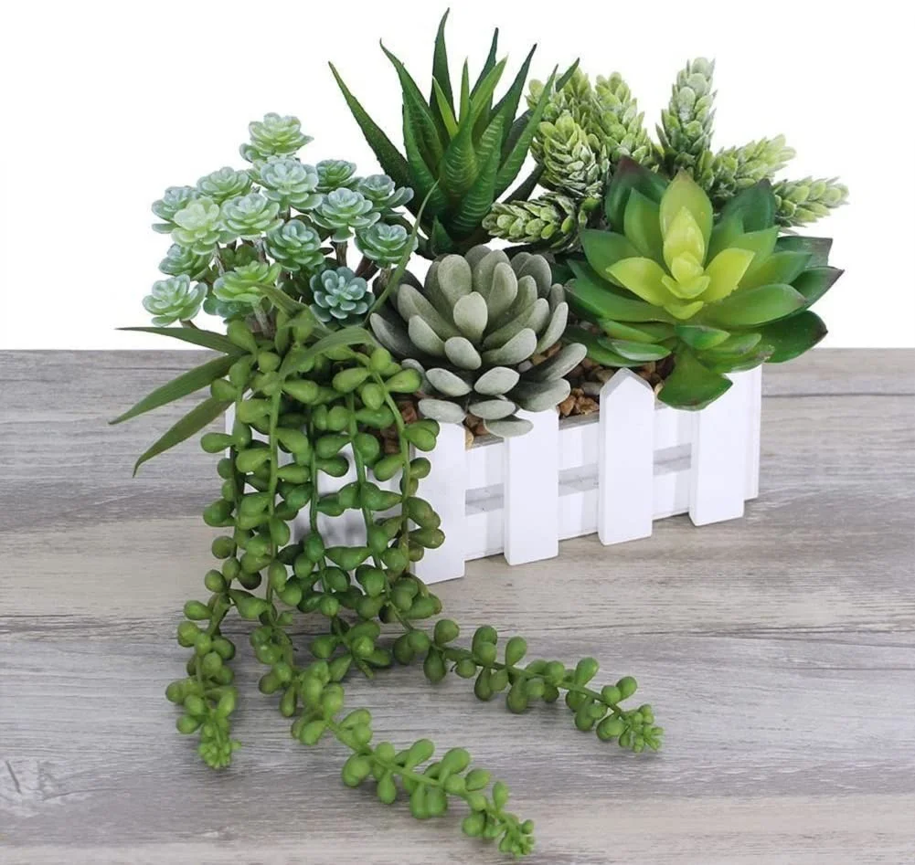 15pcs 인공 즙이 많은 식물 장식 혼합 가짜 다육 식물 DIY 벽 홈 장식 (녹색, 무작위 보내기)