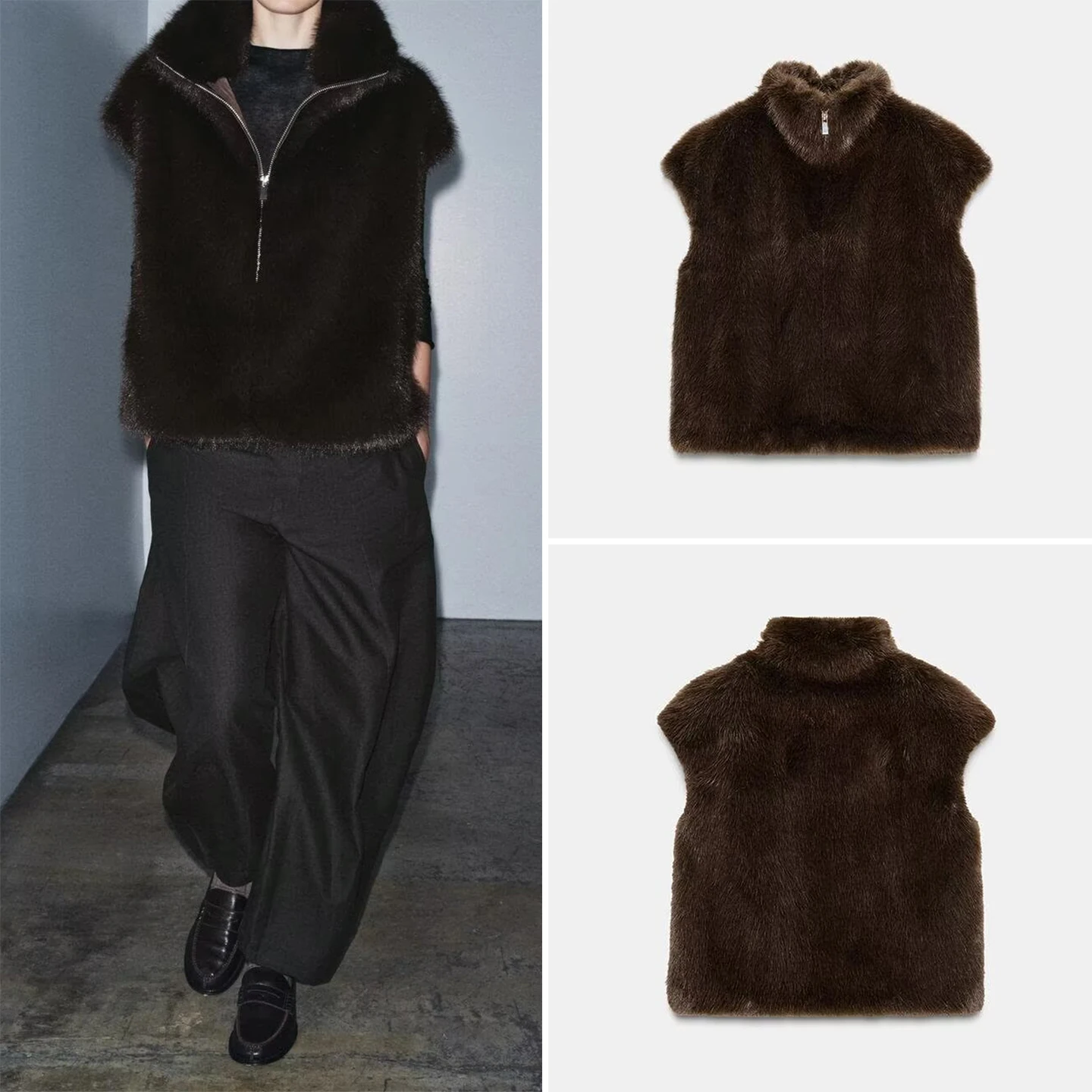 

2025 Autumn New Sle Women's Vest 649 Artificial Fur Effect Personali Temperament Stand Fit European Sle No Hat