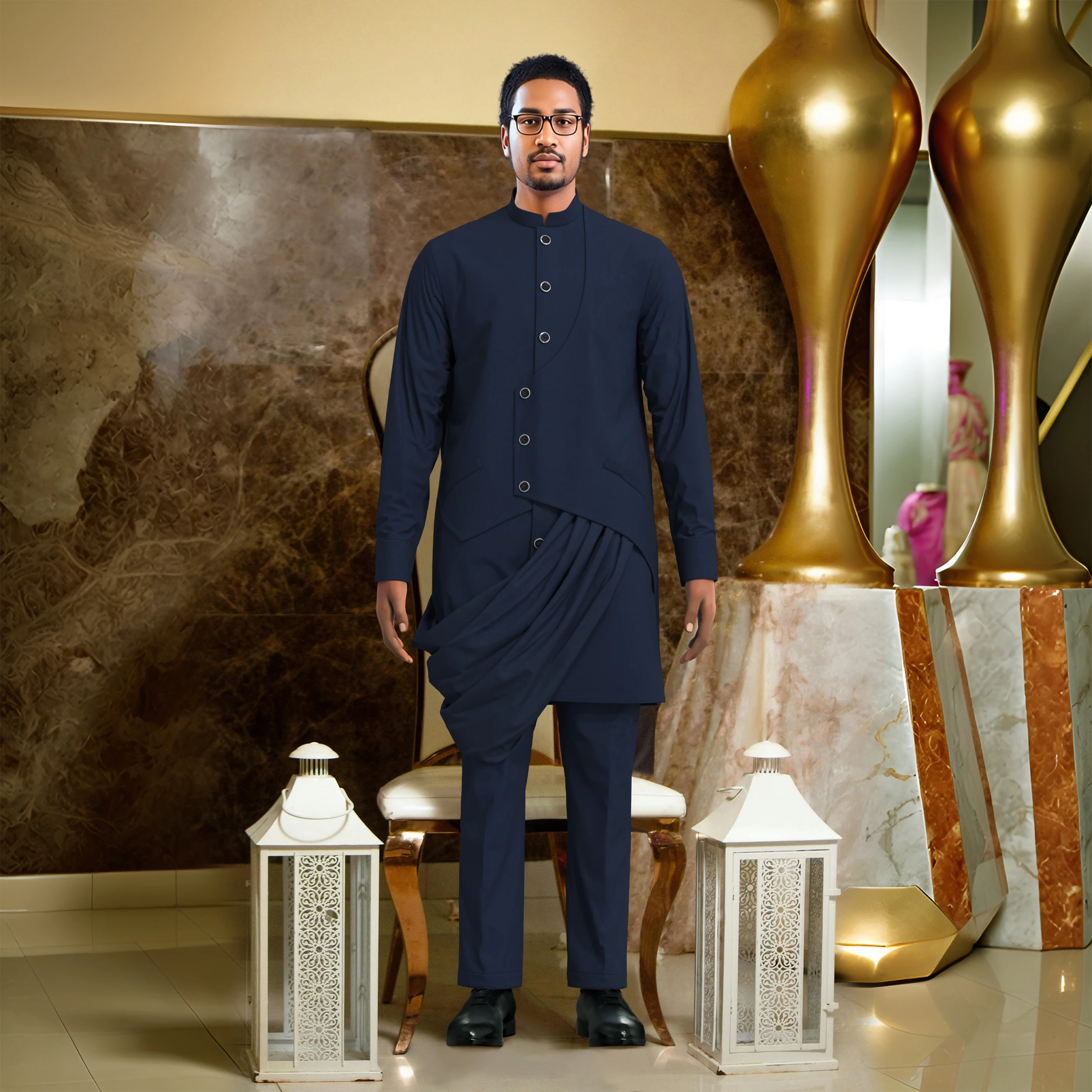 African Ethnic Men Formal Suit, Solid Color Long Sleeve Asymmetric Button Top With Draped Detail Matching Pants   WYN1016