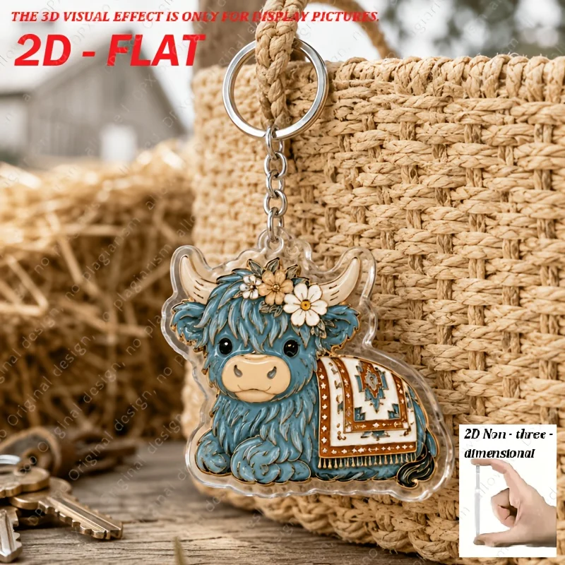 2D FLAT 6pcs Western Pastoral Highland Cow Acrylic Keychain , Little Daisy Hat Bandana Plush Calf Keyring, Farm Animal Bag Charm