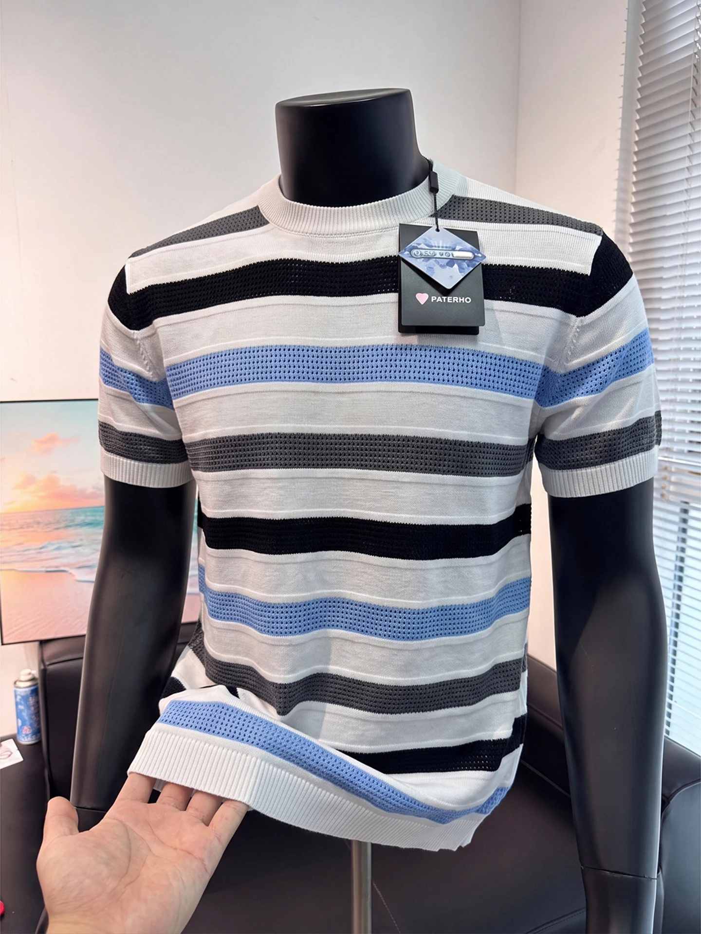 Cleanfit Stripe Color Block Knitted Short Sleeve Men's Summer Thin Breathable T-Shirt Shoulder Appropriate Half Sleeve