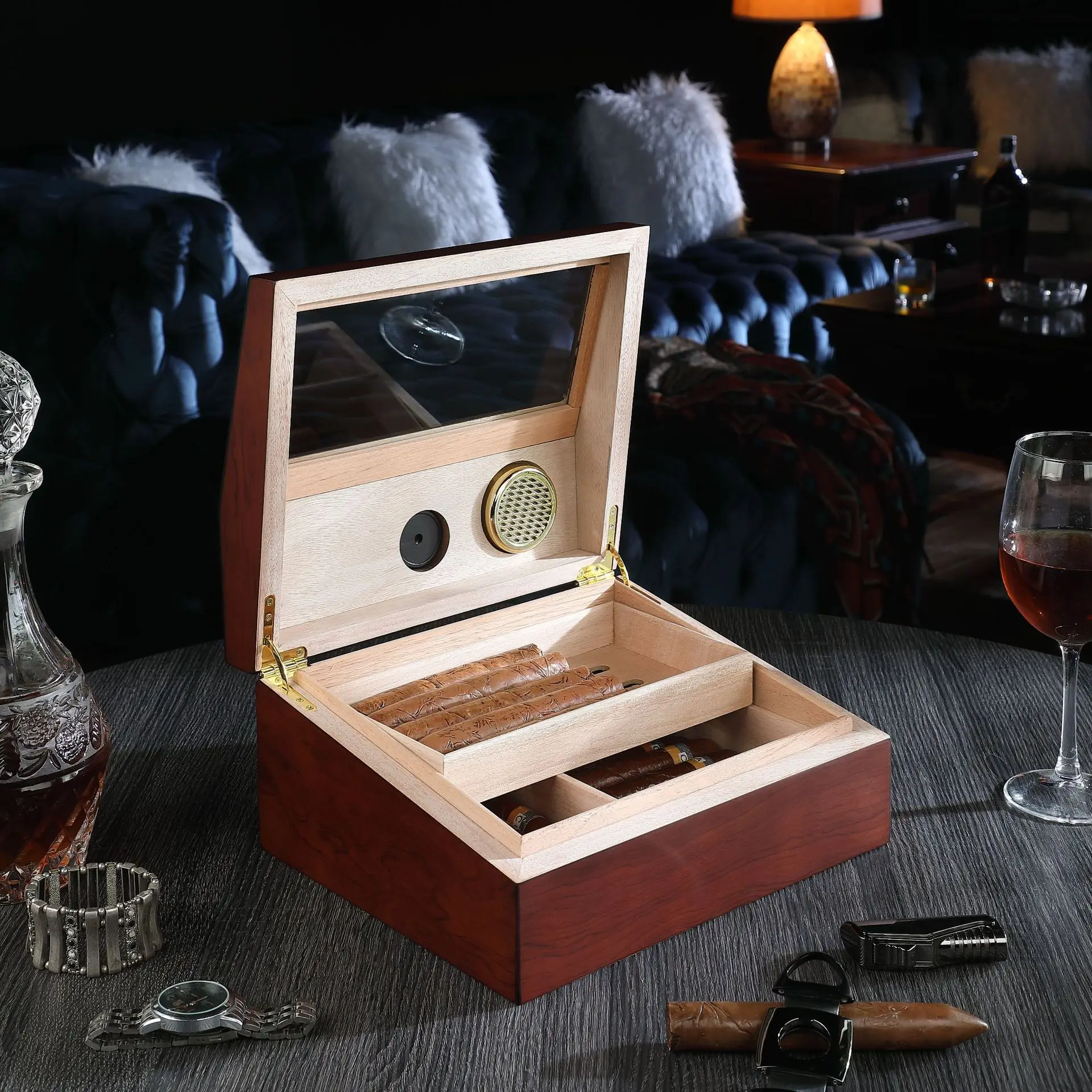 Cigar box red sandalwood cigar gift box display glass cigar moisturizing box