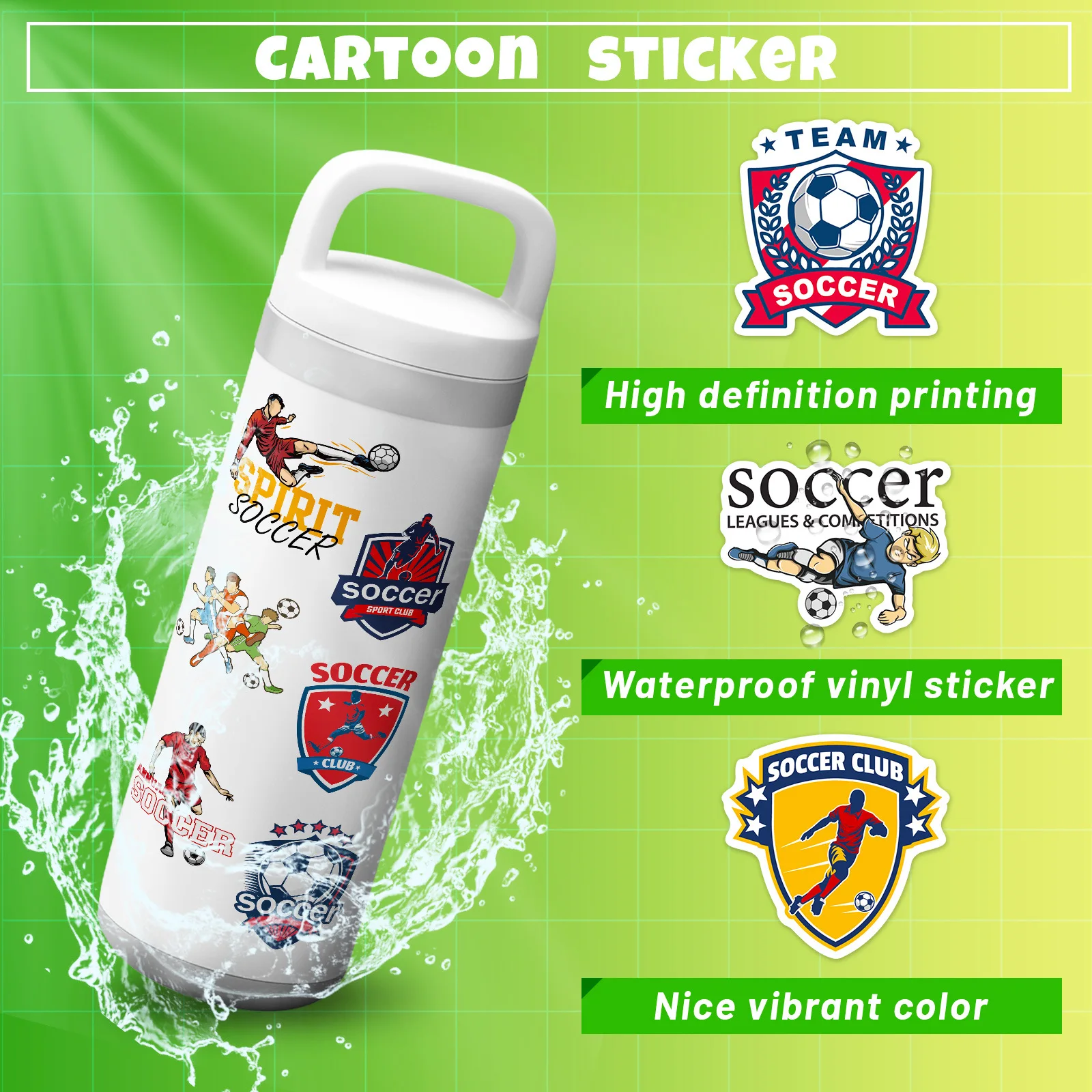 50PCS Vinyl Waterproof Stickers, Sports Football Fans Stickers for Water Bottle Luggage Laptop, Soccer Stickers for Boys Gift