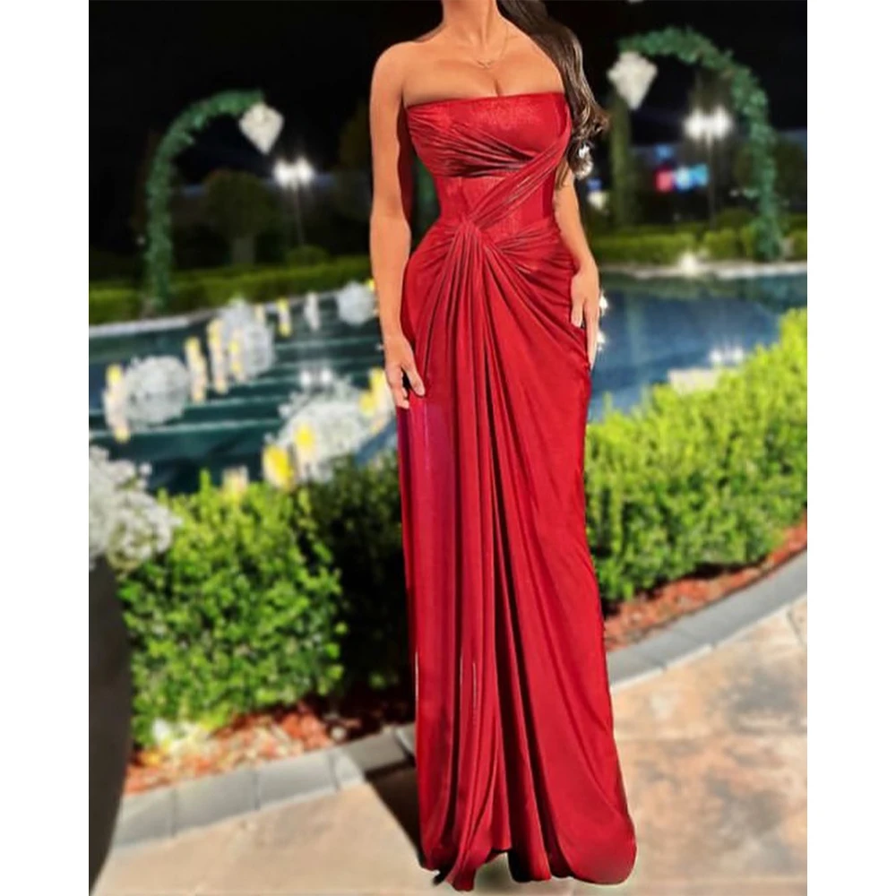 

Red Strapless Long Dress For Women Ruched Bodycon Draped Maxi Dress Elegant Glitter Evening Prom Dress
