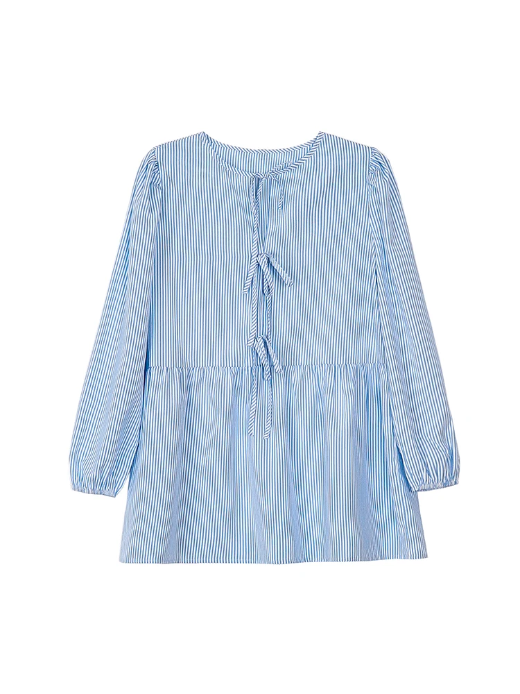 2022 Herbst-Neuheiten, lässiges gestreiftes Hemd für Damen mit Schnürung vorne, langärmeliges, locker sitzendes Hemd für den Alltag