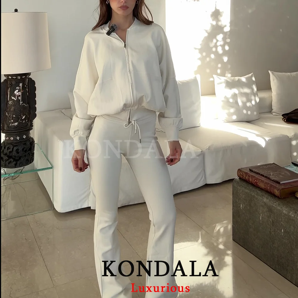 

Костюм KONDALA: повседневный, шикарный, белый, женский, спортивный, с длинным рукавом, на молнии, с узкими расклешенными брюками, модный, весна-лето 2026, элегантный