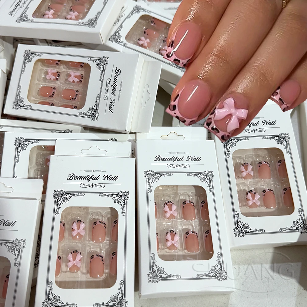 

24Pcs Leopard Print French Press on Nails Short Square 3D Pink Bows False Nails Tips Full Cover Wearable Fall Leopard Fake Nails
