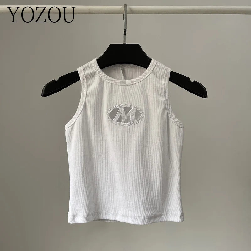 [YOZOU] Summer Y2k Ribbed Cotton Hollow Out Sleeveless Crop Tank Top Hollow Out Kpop Rave Outfits White Black Gray Brown