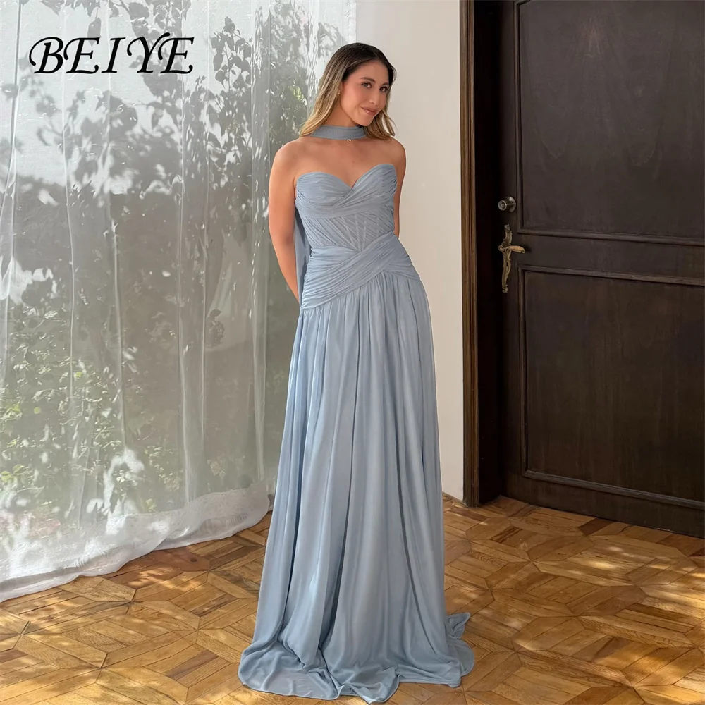 BEIYE Elegantes Blaues Plissiertes Chiffon-Abendkleid mit Schal 2026 Ärmelloses Rückenfreies Ballkleid Partykleid Maßanfertigung