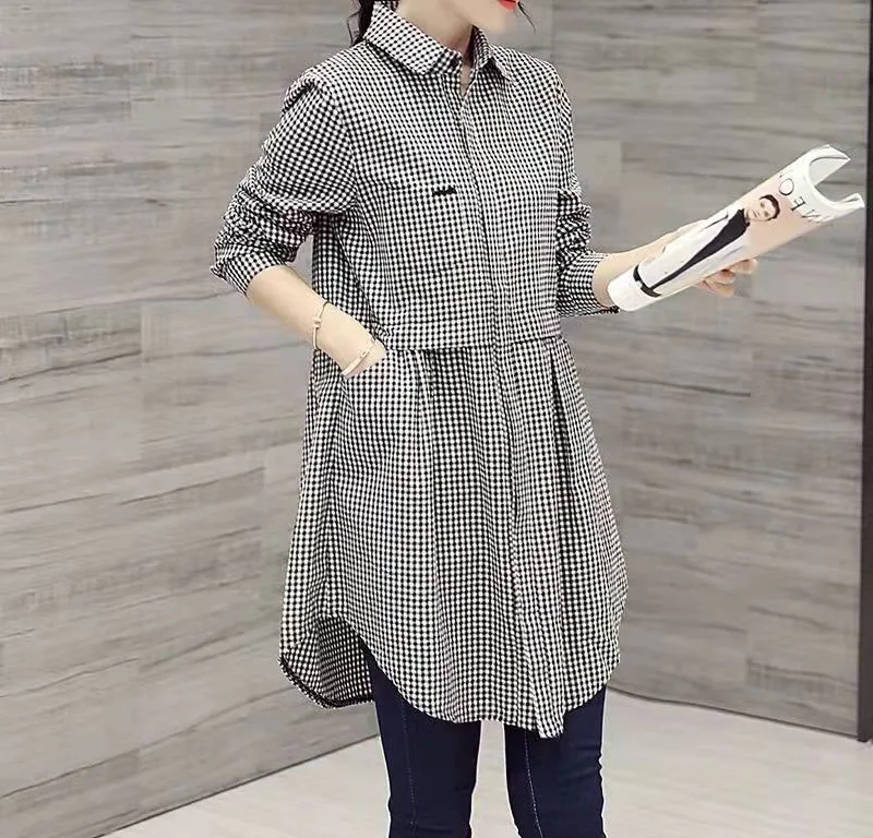 All-match Button Solid Midi Shirt Female 2023 Spring Autumn New Korean Fashion Spliced Loose Long Sleeve Polo-Neck Blouse