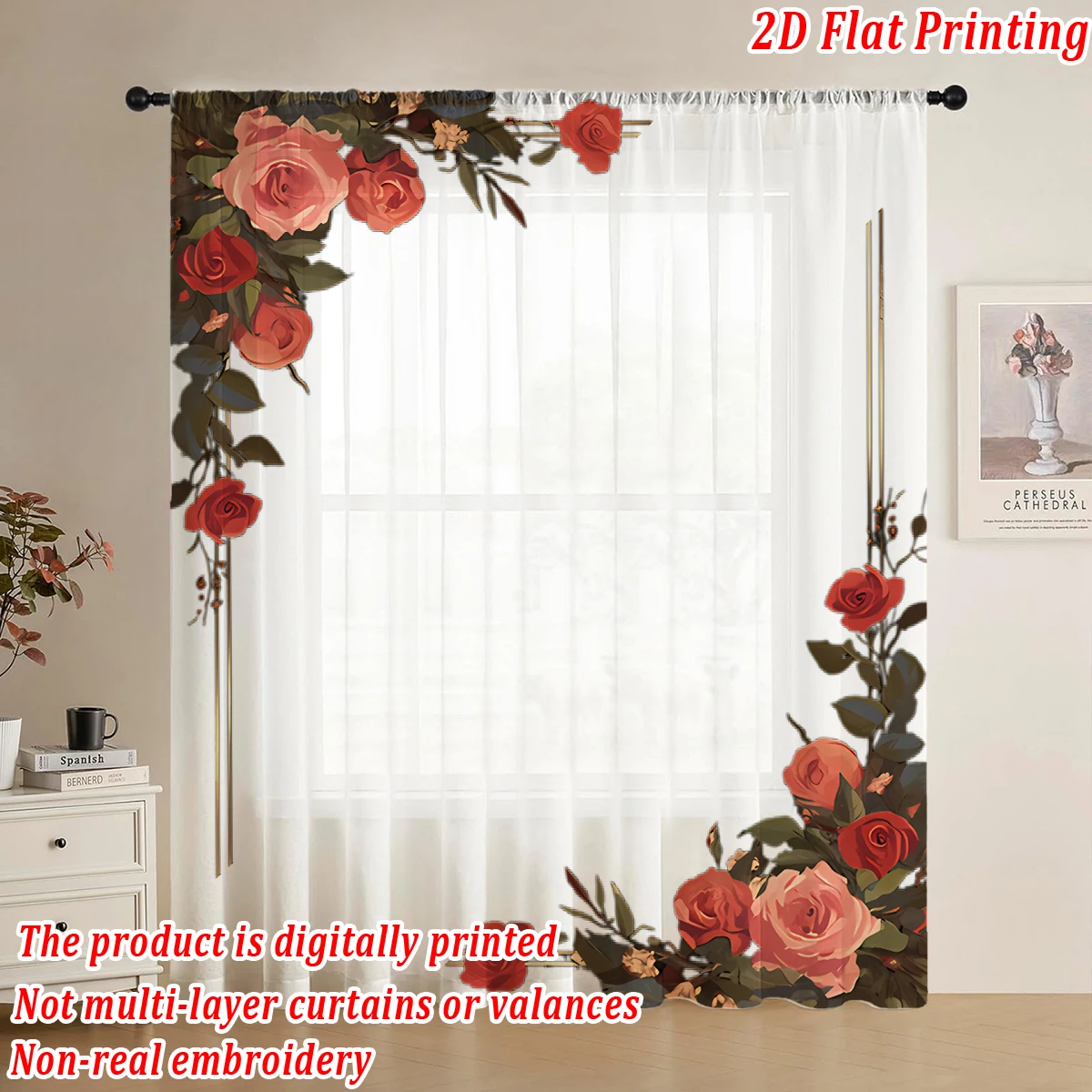 

Colorful roses Flat Printing Sheer Curtain，Light Fabric，for Living Room Bedroom Home Door and Window Decor