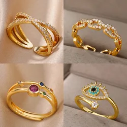 Colorful Zircon Round Stone Rings For Women Stainless Steel Gold Color Finger Ring Wedding Aesthetic Jewelry Gift bijoux femme