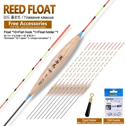 10PCS Vertical Lake Pond Stream Floats+1 Bag Hooks+1 Buoy Rest Fresh Water Buoy Lake River Balsa Wood Bobber Fishing Tackle Tool