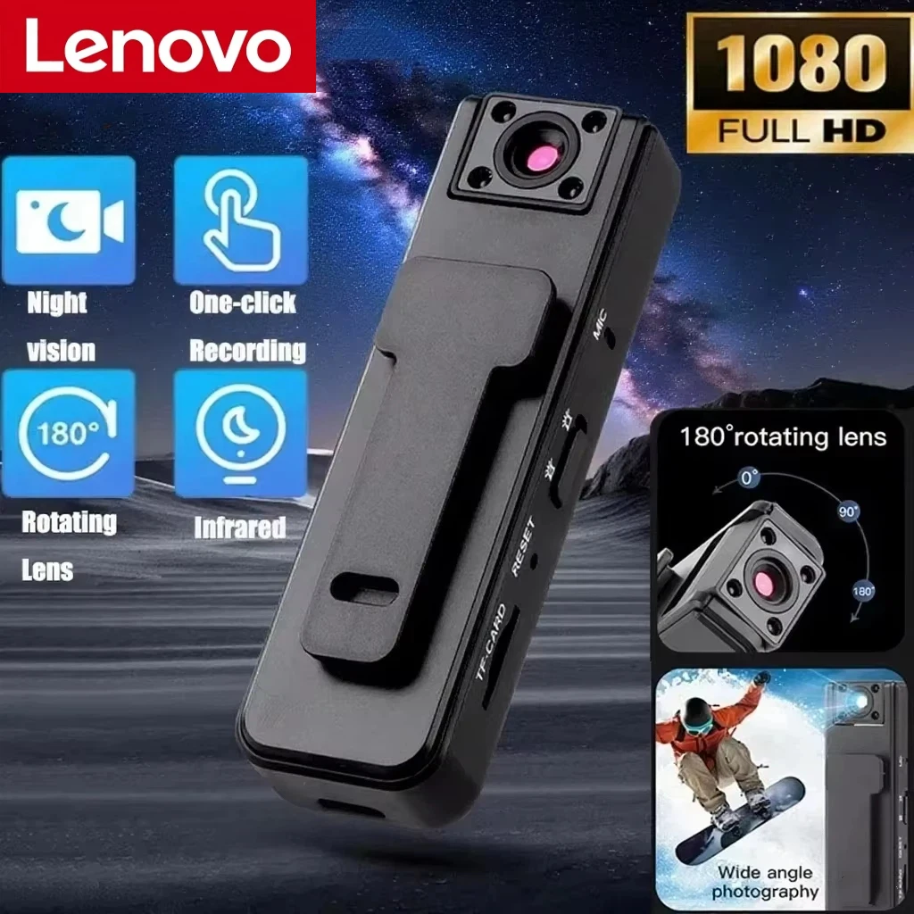 Câmera Portátil Lenovo Mini 1080P HD com Visão Noturna Infravermelha, Câmera Gravadora com Clip Traseiro para Esportes ao Ar Livre, Câmera Portátil A9