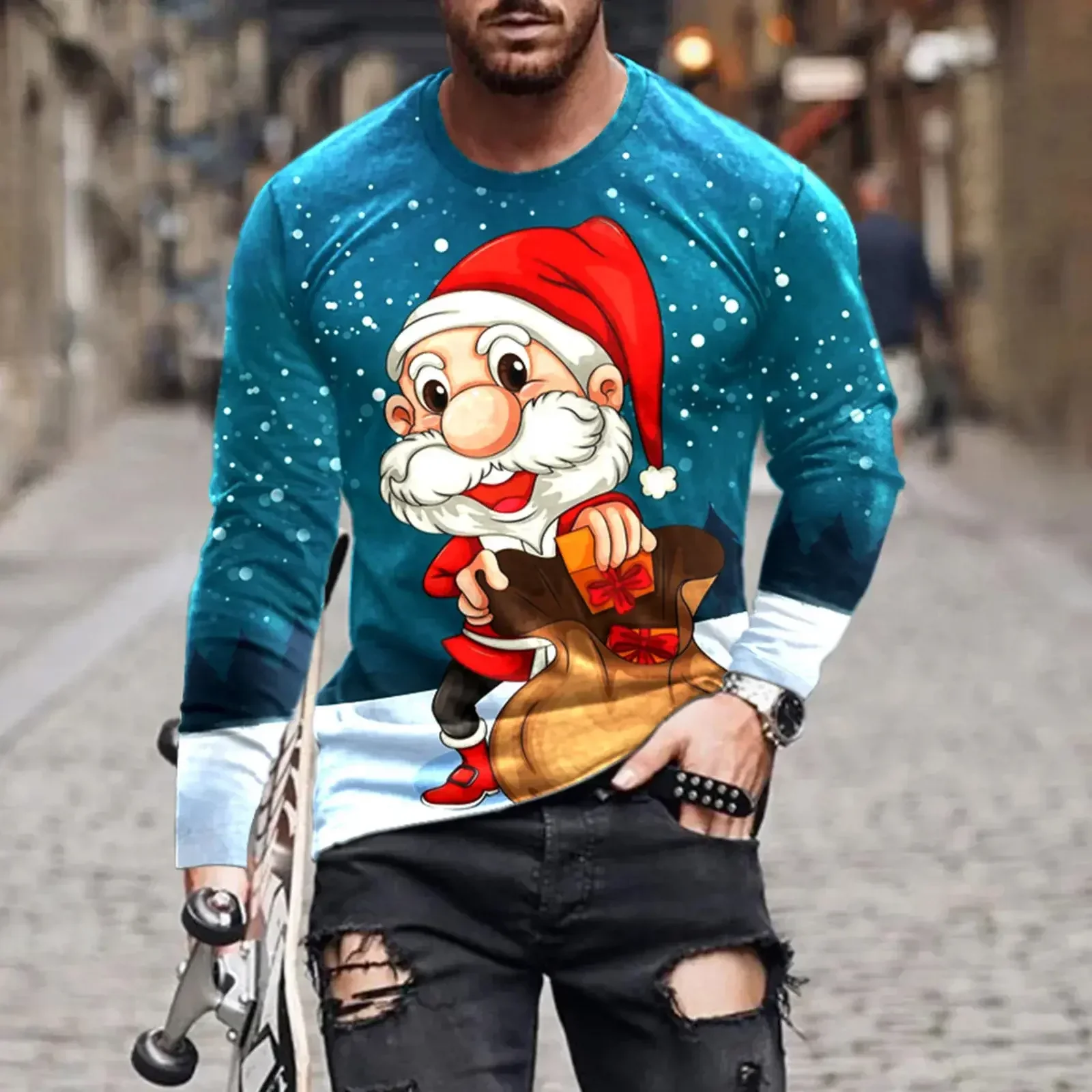 

3D Santa Clause Print Long Sleeve T-Shirt For Men Funny Christmas Theme Casual Comfortable Tops Fashion Loose Round Neck Clothes