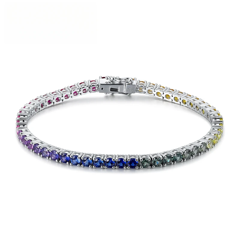 Fashion Tennis Bracelet Lab Grown Gemstones Rainbow Color Round Cut Synthetic Corundum Silver Bracelet For Christmas Party Gift