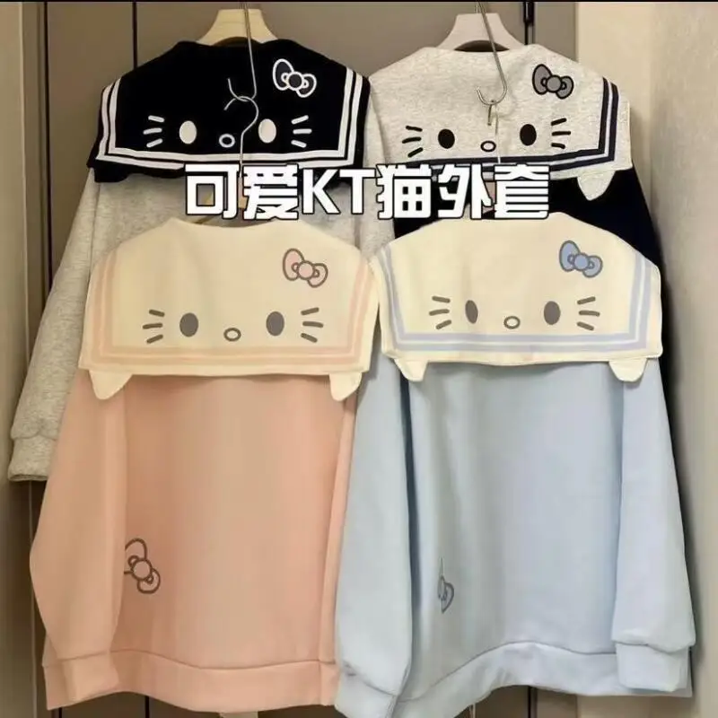 Anime Kawaii Kitty Cat Girls Zipper Sweatshirt Spring Autumn Cotton Cute Navy Collar Cardigan Coat Student Loose Tops Gift