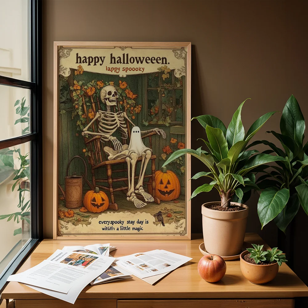 Vintage Halloween Skeleton Ghost Pumpkin Canvas Poster,2D Print Wall Decor,Festival Home Gift For Living Room Bedroom