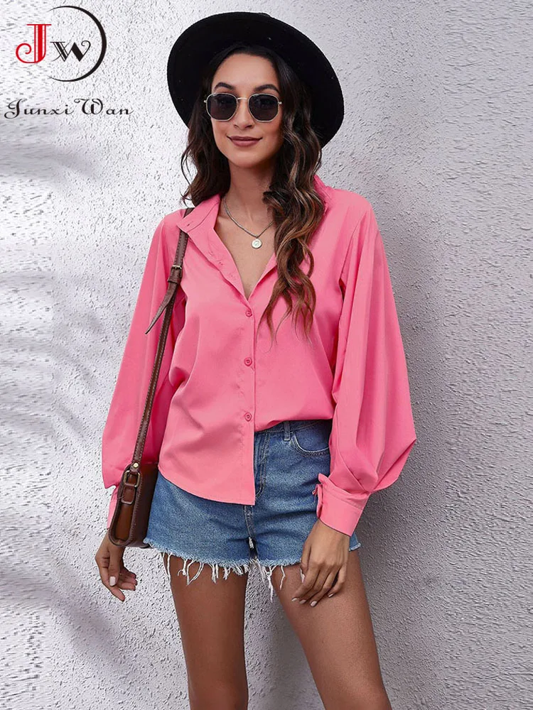 

Spring Solid Women Blouse Female Shirt Tops Lantern Long Sleeve Casual Turn-down Collar Office Lady Loose Blouses