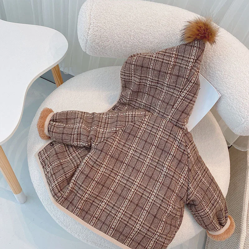 Children's Autumn Winter Baby Girls' Fleece-lined Thickened Plaid Coat Outwear Fur Ball Boys' Coat Hooded