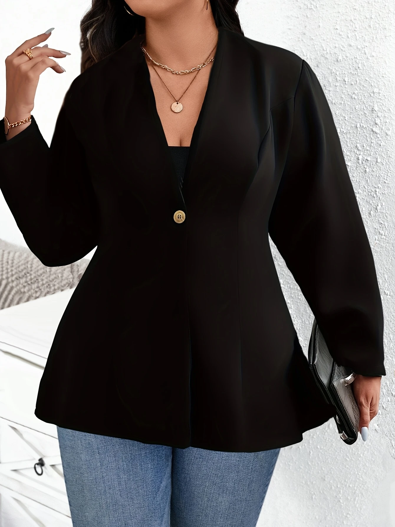 

Women's plus Size Solid Single-Breasted Blazer Elegant Long Sleeve Office Workwear Casual Chic Size-Inclusive Business Blouse