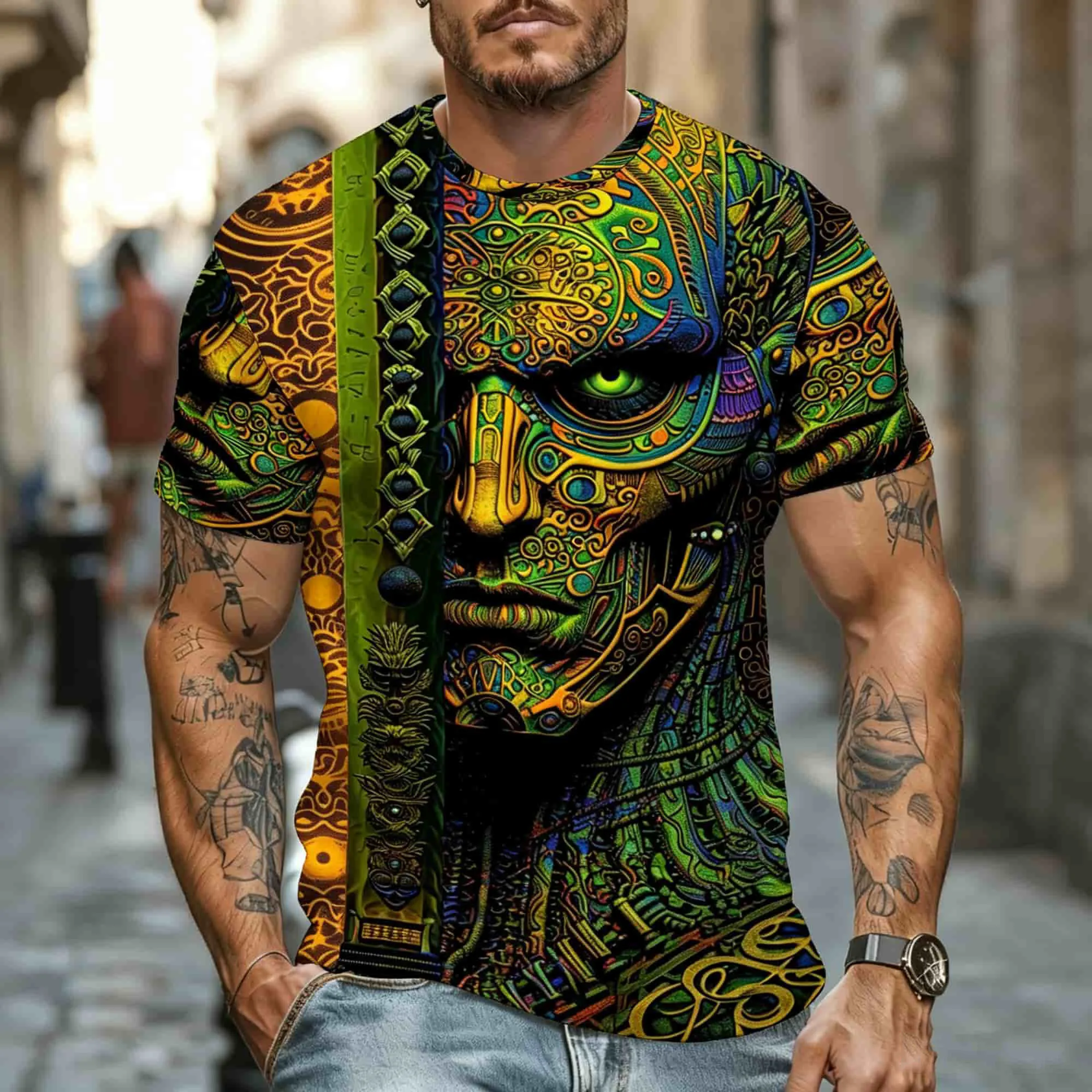 Herren-T-Shirt im Ethno-Stil mit kurzen Ärmeln, psychedelischem Tribal-Totem-All-Over-Print, lässiges Hip-Hop-Streetwear-Shirt mit Rundhalsausschnitt – Detail 6