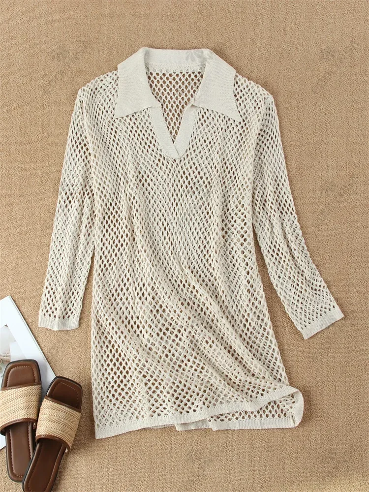 Solid Colour Beach Knit Mini Dress Women's Sexy Hollow Out Long Sleeve Swimsuit Cover Up Boho Holiday Loose Beachwear K17