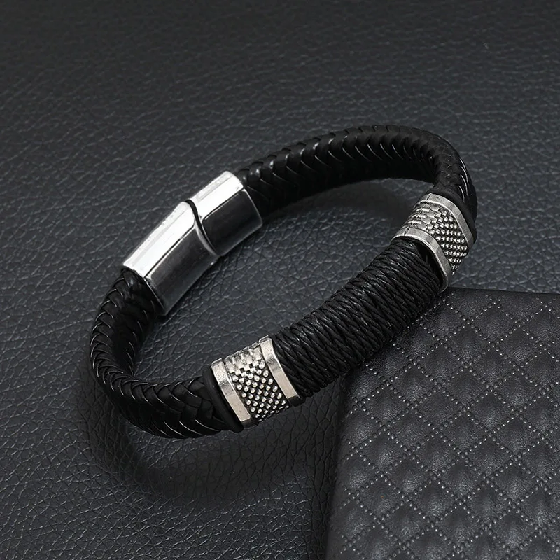 Hiphop Rock Leder Armband Männer Silber Schwarz Farbe Magnetische Abnehmbare Schnalle Handgemachte Wrap Armreifen Freizeit Homme Hand Schmuck