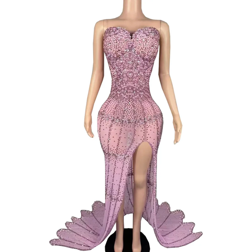 Robe de Soirée Luxueuse en Maille Transparente, Tenue de Bal Sexy, Fente Latérale, Sans Bretelles, avec Strass, pour Séance Photo