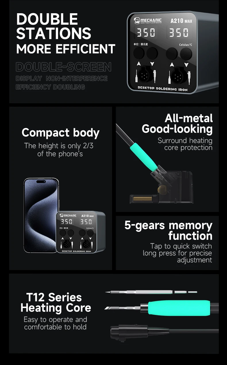 MECHANIC A210 Max Dual-Station Constant Temperature Desktop Soldering Station For C210 Soldering Iron Handle Rework Station Tool