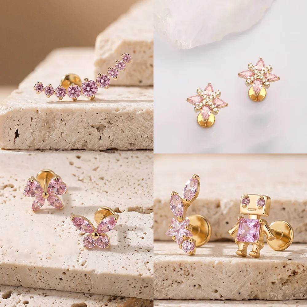 PUTITUP G23 Titan-Piercing-Stud mit Rosa Zirkon, Schmetterling, Blume, Herz, Innengewinde-Lippenring, Ohrknorpel-Schmuck – Detail 8