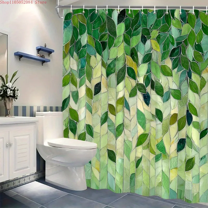1pc abstract green leaves shower curtain vertical mosaic  -   With Hooks Waterproof Mildew Proof Easy Install Washable - view 4