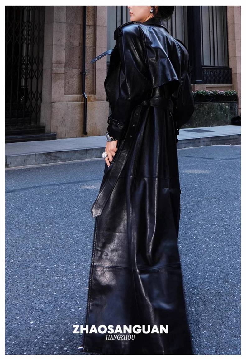 Lautaro Spring Autumn Cool Extra Long Black Loose Pu Leather Trench Coat for Women with Shoulder Pads Belt European Fashion 2024