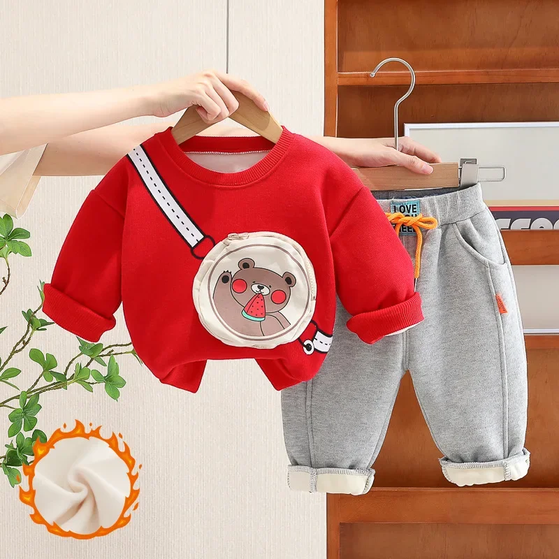 

Winter Children Boy 2PCS Clothes Set Cartoon Bear Sweatshirt Drawstring Sports Pants Infant Boy Outfits Toddler Boy Suits