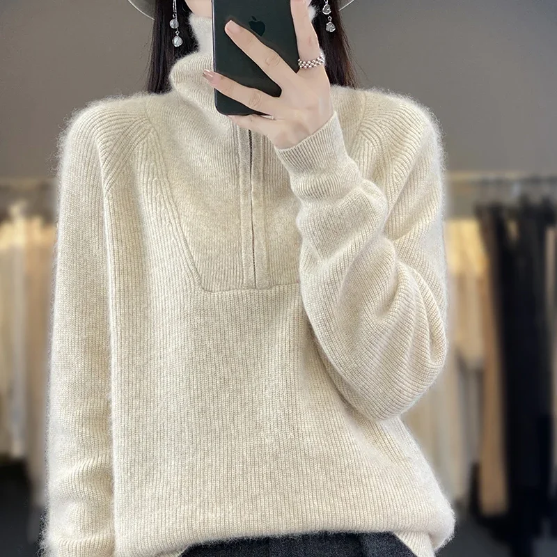 Half zip large lapel mink sweater for women's autumn and winter super soft and warm casual high neck fashionable sweater