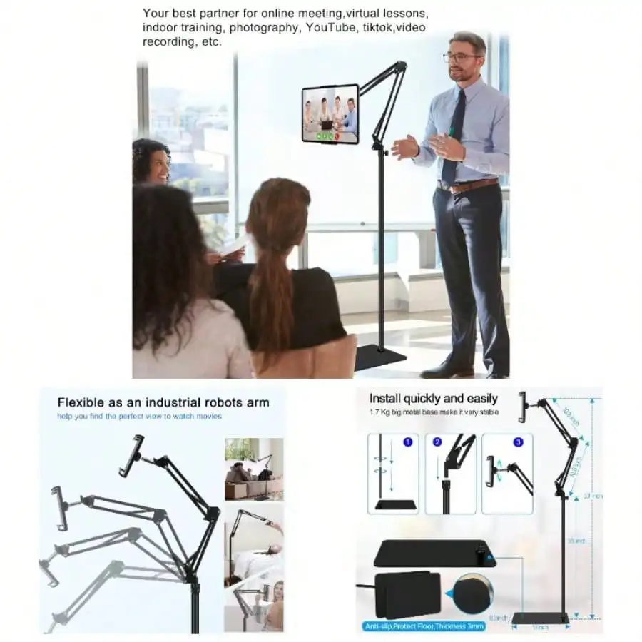 

Tablet Floor Stand With Double Weight Base, Overhead Bed Phone Stand Height Adjustable/ Arm Stretchable Tablet Holder, Compatible With 4.5''13'', Tab, Or Other Phones Compatible With IPhone, Android Phone, Gift For Birthday, Family, Friends Gifts Birthday