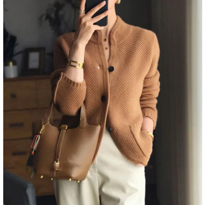 White Knitted Sweater Coat Thickened 100% Pure Cashmere Cardigan Women Stand Neck Sweater Loose Knitwear Elegant Sweater Jacket