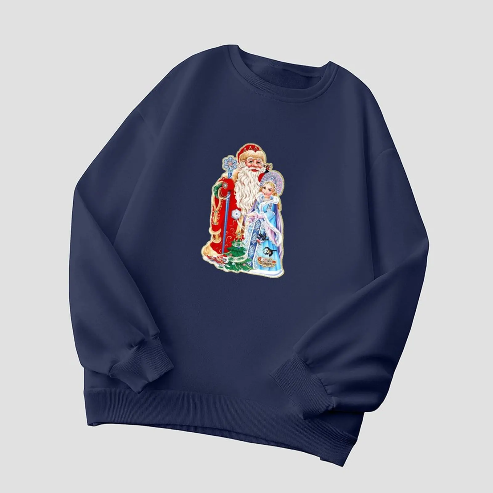 

Round Neck Women Sweatshirt Velvet Winter Casual Novy God Russian New Year Printed Pattern Woman Clothes Casual T-Shirts Tops
