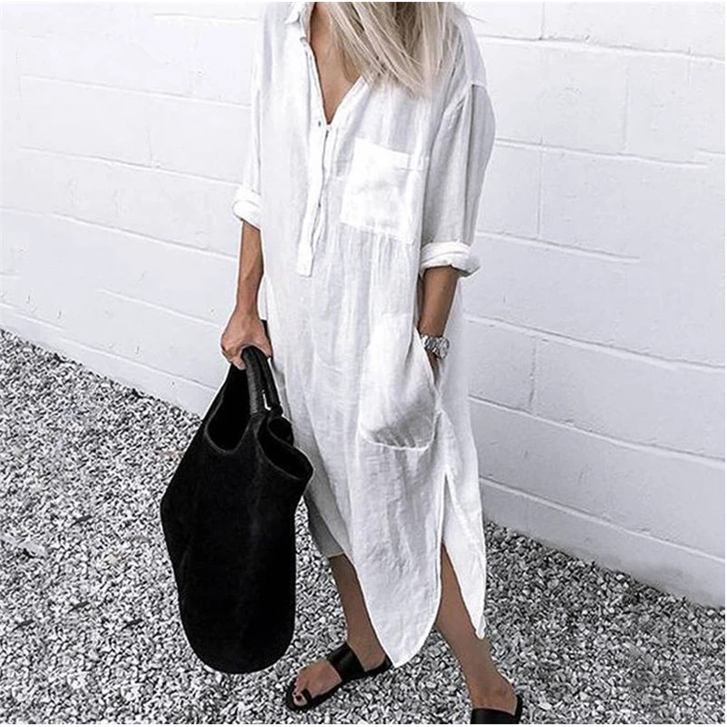 

Summer Women's Casual Shirt Dress Solid Color Pocket Buttons V-neck Cropped Sleeves Loose Long Shirt Skirt Holiday Beach Skirt