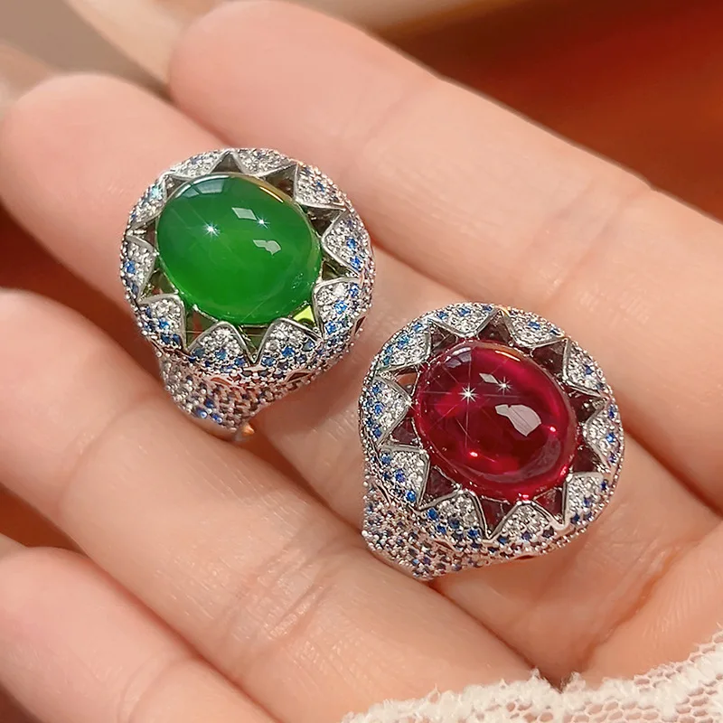

Adjustable Statement Ring with Oval Cut Red Green Gemstone Blue CZ Accents Vintage Inspired Design Women's Luxury Party Jewelry