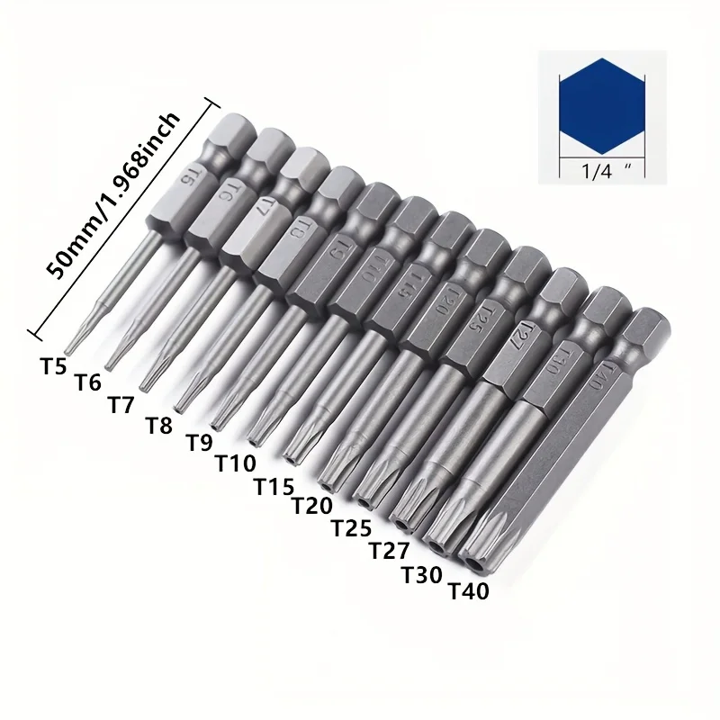 12pcs 50mm 1/4 Hex Shank Hole Security Torx Bits Set - T5-T40 Included!