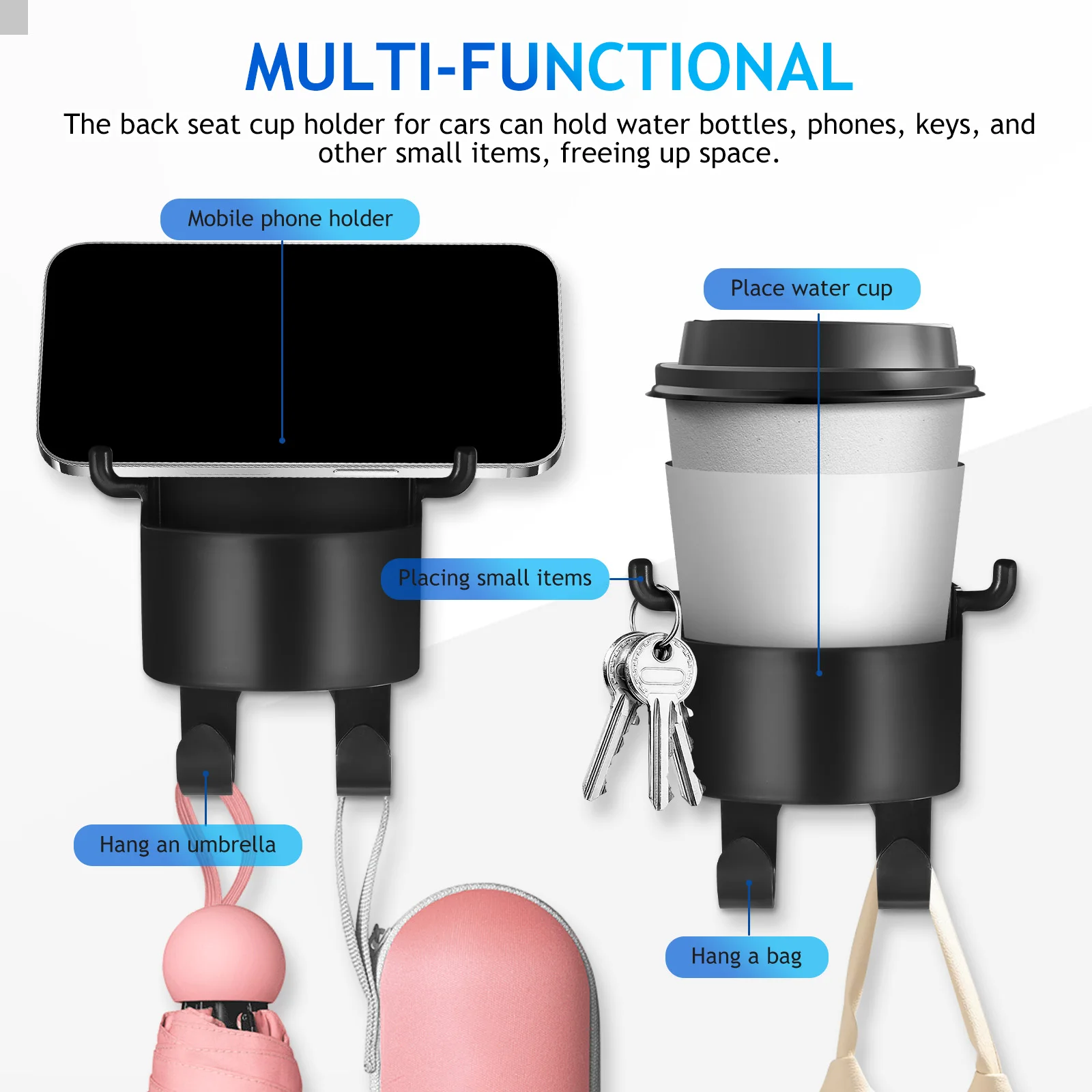 

2 pcs Car Holder Back Seat Cup Holders For Cars Headrest Backseat Drink Storage Organizer Multi-functional Sturdy Plastic