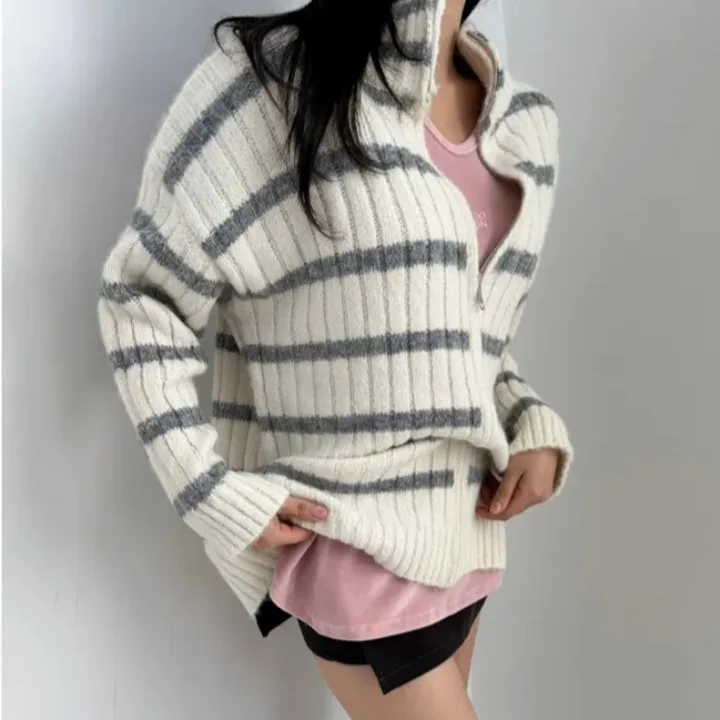 Korean Sle Loose Striped All-Match Stand Collar Zipper Knitted Cardigan Women's Spring New Faion Personali Thi Sweate...