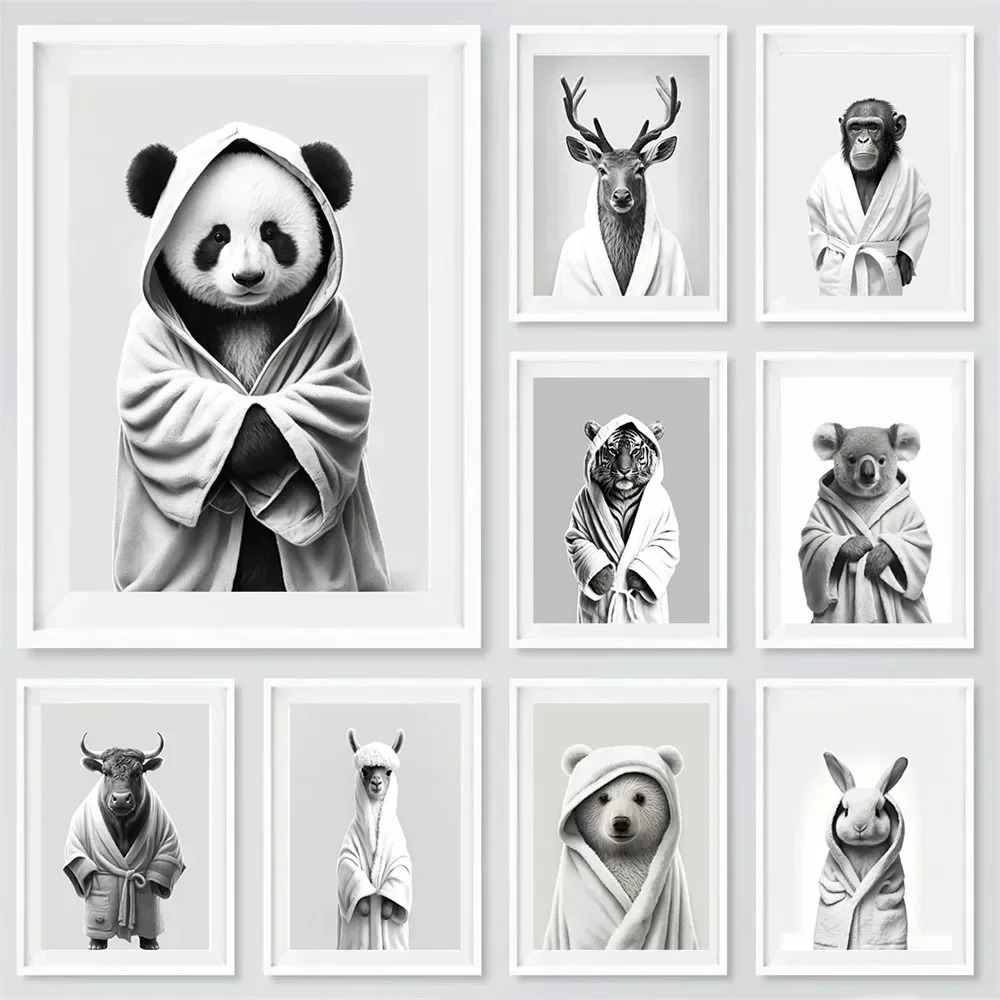 Panda Monkey Tiger Wearing Bathrobe Cold Winter Animal Canvas Printing Fun Art Mural Bathroom Toilet Home Decoration Picture